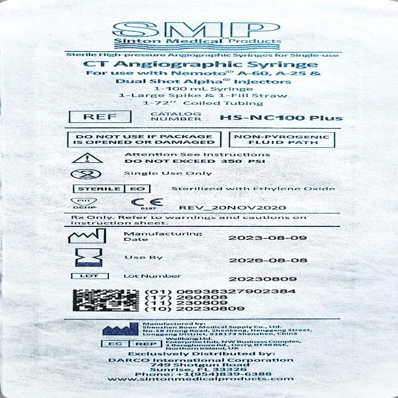 Стерильні ангіографічні шприци високого тиску однораз. використ. HS-NC100Plus у складі: шприц100мл.1шт. трубка набора1шт.+велика голка1шт. 1-72" вита трубка1шт.